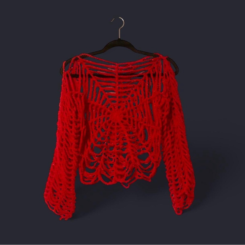 crochet red spiderweb mesh long sleeve top